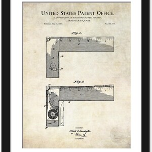 May include: Framed vintage patent print of a Carpenter's Square, dated July 18, 1893. The print features detailed technical drawings and text from the United States Patent Office, including the inventor's name and patent number.