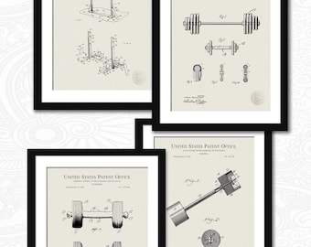 Vintage Gym Equipment Patent Set | Barbell, Dumbbell & Rack Prints | Gift for Trainer or Athlete | Home Gym Wall Art | Retro Strength Decor