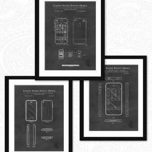 May include: Three framed patent prints of a smartphone, each in a black frame. The prints are in black and white, showing detailed diagrams of the device's design, including the front, back, and internal components. The text "UNITED STATES PATENT OFFICE" is visible.