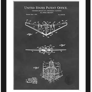 May include: A black and white illustration of a patent for an all-wing aircraft. The patent is titled "United States Patent Office" and was filed on 1 September 1953. The patent number is 2,650,780.
