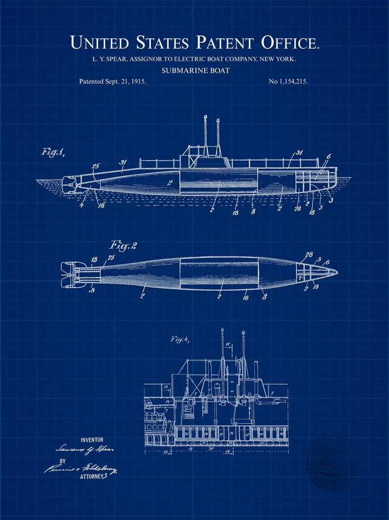 Submarine Boat Print | 1915 Underwater Vessel Patent | Unique Gift for ...