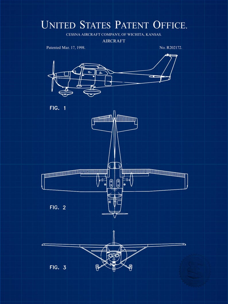May include: Blueprint-style illustration of an aircraft patent from the United States Patent Office. The image features three views of the aircraft: side, top, and front. The text includes "Cessna Aircraft Company, of Wichita, Kansas" and "Patented Mar. 17, 1998."