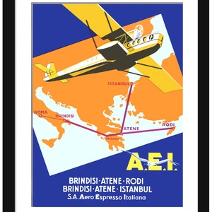 May include: A vintage travel poster for Aero Espresso Italiana, a now defunct Italian airline. The poster features a yellow aeroplane flying over a map of the Mediterranean Sea. The route is highlighted in pink and includes the cities of Rome, Brindisi, Athens, Patras, Rhodes, and Istanbul. The poster is in blue, yellow, orange, and pink.