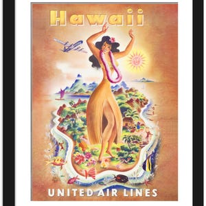 Hawaii Tropical Paradise | Reproduction of 1950s Hawaii United Airlines Travel Print | Home Decor | Hawaii Lovers  Gift | Hawaiian Dancer