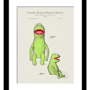 May include: A black and white patent drawing of a green puppet. The patent is for a puppet, and the patent number is 186,119. The patent was filed by James M. Henson, Hyattsville Maryland, and was patented on 15 September 1959.