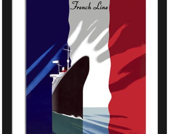 May include: A vintage travel poster advertising the C.G. Transatlantique French Line. The poster features a black and white ocean liner sailing through a blue and red French flag.