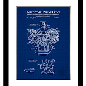 May include: Framed blueprint of a high-torque V-8 engine, patented August 21, 1956, by John B. Platner. The technical drawing is in white on a blue grid background, with the text "United States Patent Office" at the top.