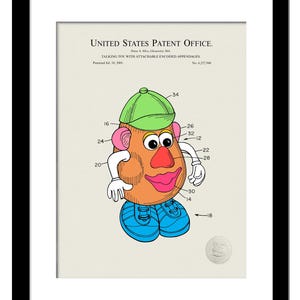 May include: A black and white line drawing of a cartoon potato character with a green hat, blue shoes, and a pink mouth. The drawing is labelled with numbers and the text "UNITED STATES PATENT OFFICE."  "TALKING TOY WITH ATTACHABLE ENCODED APPENDAGES"  "Patented Jul. 10, 2001"  "No 6,257,948"