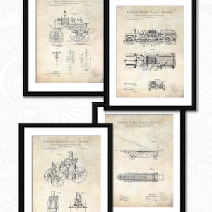 May include: Four framed vintage patent prints of fire engines. Each print, set against a cream background, features detailed technical drawings and the text "UNITED STATES PATENT OFFICE" at the top. The frames are black.