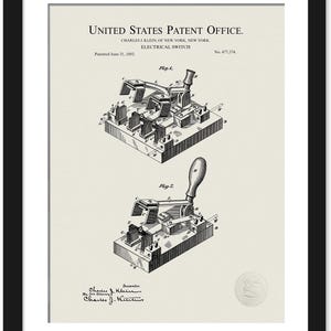 May include: Black framed print of a vintage electrical switch patent illustration. The print features two detailed diagrams of the switch, labeled Fig. 1 and Fig. 2, with the text "United States Patent Office" at the top. The patent was granted in 1892.