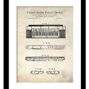 May include: A black and white line drawing of a patent for an electronic music keyboard. The patent is titled "Electronic Music Keyboard" and was patented on February 25, 1992. The patent drawing shows a keyboard with keys, a control panel, and a speaker.