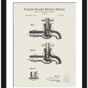 May include: Framed patent illustration of a faucet, dated February 15, 1898, from the United States Patent Office. The black and white drawing shows detailed cross-sections of the faucet's internal mechanisms, with labels and diagrams.