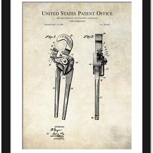 Vintage Pipe Wrench Design | Print of 1888 Tool Patent Art | Gift for Plumber | Workshop Wall Decor | Retro Tradesman Decor