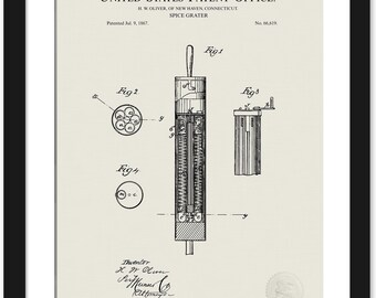 Vintage Spice Grater Patent Print | 1867 Culinary Tool Art | Gift for Chef or Foodie | Antique Kitchen or Restaurant Wall Decor