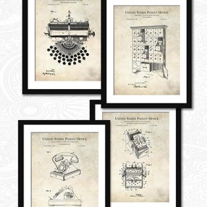 Vintage Office Collection | Set of 4 Prints |  Early Typewriter, Phone, File Cabinet & Calculator | Office Decor | Gift For Boss