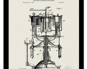Classic Brewery Decor | 1909 Beer Bottling Machine Patent | Vintage Bar Wall Art | Home Pub Poster | Gift for Brewers & Beer Lovers