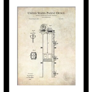 May include: A black and white illustration of a patent for an elevator stop. The patent was issued on August 29, 1882, to George C. Tewksbury of Newark, New Jersey. The patent number is 10,192.