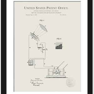 Early Solar Energy Print | 1888 Renewable Power Patent | Gift for Engineer or Scientist | Eco Office or Lab Decor | Green Energy Decor