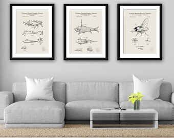 Set of Fishing Decor | Prints of 1908-1968 Fishing Lures and Fly Patents | 3 Print Set | Rustic Decor for Anglers and Fishing Enthusiasts