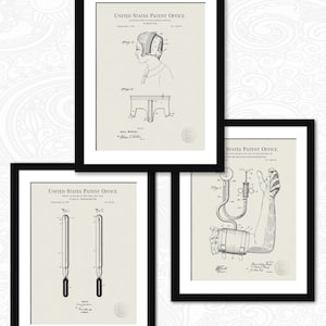 May include: Three framed vintage patent prints. The prints feature medical illustrations, including a nurse's cap, a clinical thermometer, and a device for measuring blood pressure. The prints are in black frames with a neutral background.