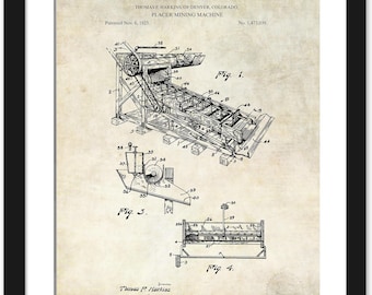 Placer Mining Machine Patent Print | 1923 Gold Mining Equipment Art | Industrial Decor for Cabin or Workshop | Gift for Prospector