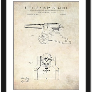 May include: Black framed print of a vintage patent diagram for a breech-loading cannon. The diagram, from the United States Patent Office, includes two detailed technical drawings and text. The patent was granted August 20, 1901.
