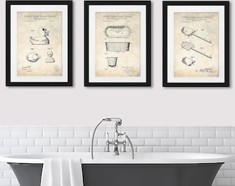 Vintage Bathroom Decor | 1887 Bath-Tub, 1937 Bath Mitt, 1949 Toy Duck Patents | Set of Three Prints | Fun Bathtub Art