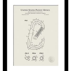 Climbing Wall Art | 1989 Carabiner Patent | Unique Gift for Climbers | Rustic Decor for Mountaineers