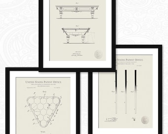 May include: Three black and white patent drawings for billiard equipment. The first drawing shows a billiard table with a decorative design. The second drawing shows a billiard ball rack. The third drawing shows three billiard cues.