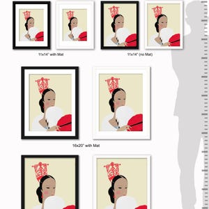 May include: Art print featuring a stylized illustration of a woman in traditional attire, holding a red fan. The artwork is available in various frame options, including 11x14 inch and 16x20 inch sizes, with and without mats. The text "Optional frames" is at the top.