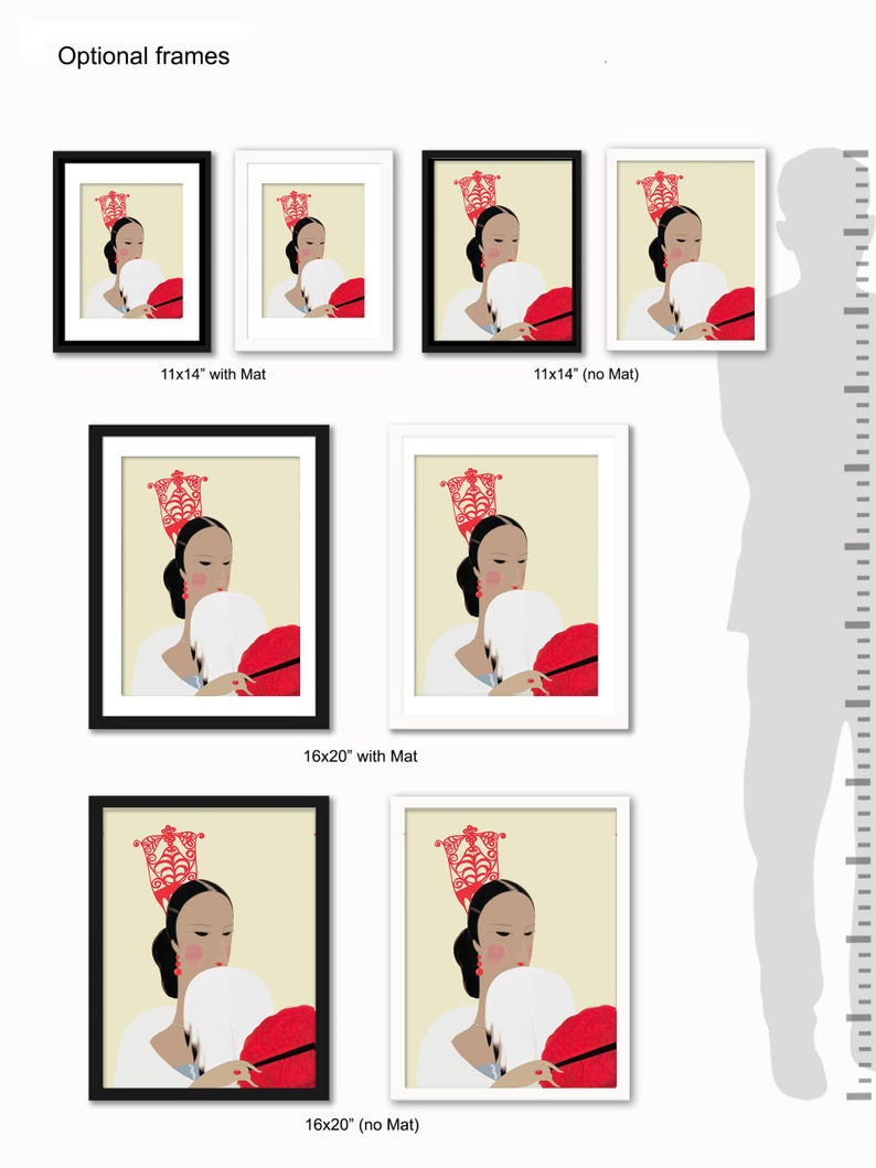 May include: Art print featuring a stylized illustration of a woman in traditional attire, holding a red fan. The artwork is available in various frame options, including 11x14 inch and 16x20 inch sizes, with and without mats. The text "Optional frames" is at the top.