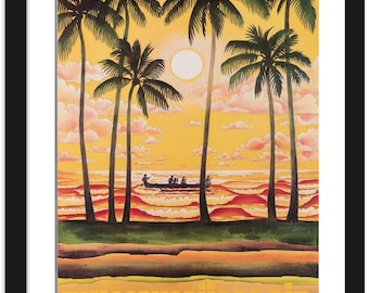 May include: A vintage travel poster advertising Hawaiian Air. The poster features a sunset scene with palm trees, a canoe with people in it, and the text "Fly Hawaiian Air".