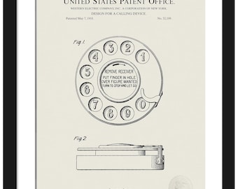 May include: A black and white illustration of a rotary dial phone patent design. The patent is for a calling device and was patented on May 7, 1918. The patent number is 52,109. The patent was filed by the Western Electric Company, Inc. in New York.