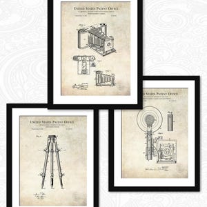 Vintage Camera Patent Set | Set of 3 Prints | Camera, Tripod & Flash | Gift for Photographer | Vintage Photo Studio Decor