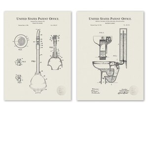 Vintage Bathroom Decor | 1892 Water Closet and 1988 Toilet Plunger Patents | Set of Two Prints | Unique Bathroom Art