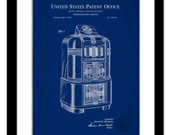 Vintage Jukebox Cabinet Print | 1940 Phonograph Cabinet Design Patent | Retro Music Decor | Unique Gift for Vinyl Lovers | Classic Wall Art