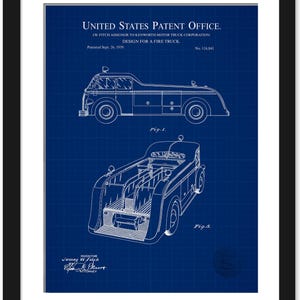 May include: A blueprint drawing of a fire truck design patent. The patent is for a fire truck design, patented on 26 September 1939, and assigned to Kenworth Motor Truck Corporation. The patent number is 116,841. The drawing shows a side view and a rear view of the fire truck.