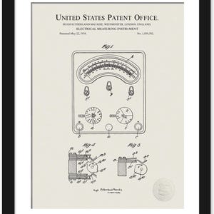 Peut inclure: Impression encadrée d'un brevet d'instrument de mesure électrique vintage de 1934. Le diagramme en noir et blanc présente un compteur, des cadrans et des schémas de circuits. Le texte comprend les informations du bureau des brevets et le nom de l'inventeur.