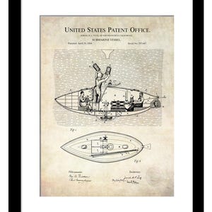 Submarine Vessel Concept | 1884 Early Submarine Patent | Nautical Wall Decor | Gift for Naval History Fans