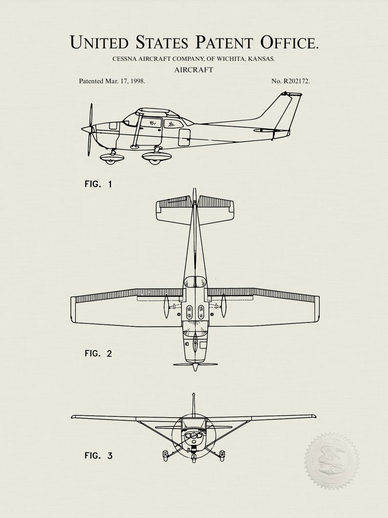 May include: Black and white patent illustration of a Cessna aircraft, with views from the side, top, and front. The text reads "United States Patent Office" and "Cessna Aircraft Company, of Wichita, Kansas." The patent date is March 17, 1998.