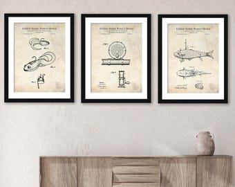 Set of Fishing Patents | 1874, 1908, and 1983 Reel and Lure Designs | 3 Print Set | Rustic Decor for Anglers and Fishing Enthusiasts