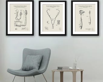 Vintage Medical Prints | Stethoscope, Blood Pressure, and Percussion Hammer Patents | Unique Healthcare Art | 3 Print Set
