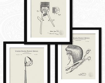 May include: Three vintage black and white patent drawings for hair cutting tools. The first drawing shows a pair of hair clippers. The second drawing shows a hair dryer. The third drawing shows a pair of scissors cutting hair.