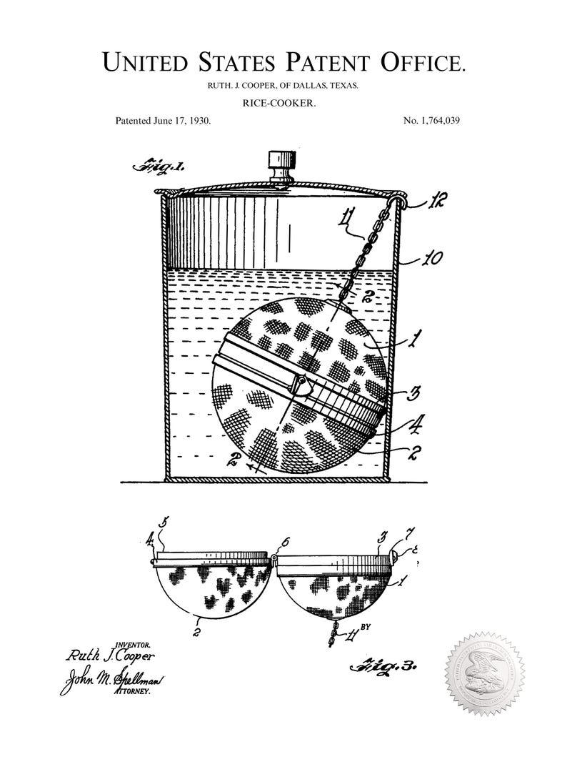 Antique Rice Cooker Design | 1930 Patent Print | Rustic Kitchen Decor ...