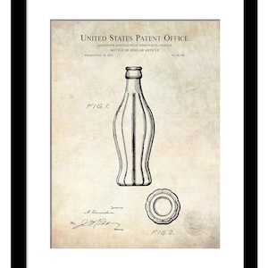 May include: Framed patent illustration of a bottle design from the United States Patent Office. The drawing shows a detailed outline of the bottle and its cap, with the text "BOTTLE OR SIMILAR ARTICLE" and "Patented Nov. 16, 1915."