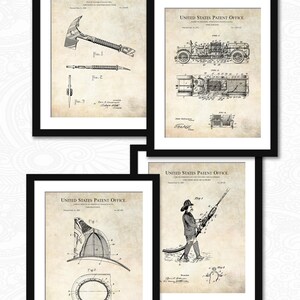 May include: Four vintage patent drawings in black and white, framed in black frames. The drawings depict a fire axe, a fire engine, a firefighter's helmet, and a firefighter holding a hose.