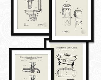 Vintage Bathroom Decor | 1891 Toilet Paper Roll, 1892 Water Closet, 1898 Faucet, 1895 Bathtub Patents | Four Print Set