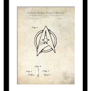 May include: A black and white line drawing of a Star Trek insignia, a stylised star with a circle around it, on a vintage-looking parchment background. The text "UNITED STATES PATENT OFFICE" and "JEWELRY PIN" is at the top of the image. The patent number "D261,872" is at the bottom right of the image.