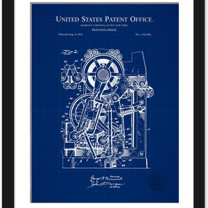 May include: A blueprint of a printing press patent, showing a detailed illustration of the machine's inner workings. The patent is titled "Printing-Press" and was issued on August 4, 1914, to George R. Cornwall of Rye, New York. The patent number is 1,105,964.