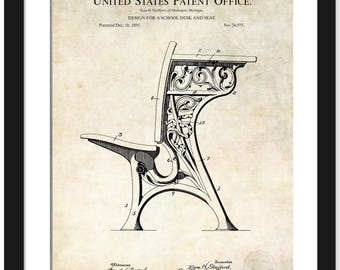 Vintage School Decor | 1895 School Desk and Seat Patent | Classroom Decor | Teacher Gift | Educational Wall Art | Home School Art